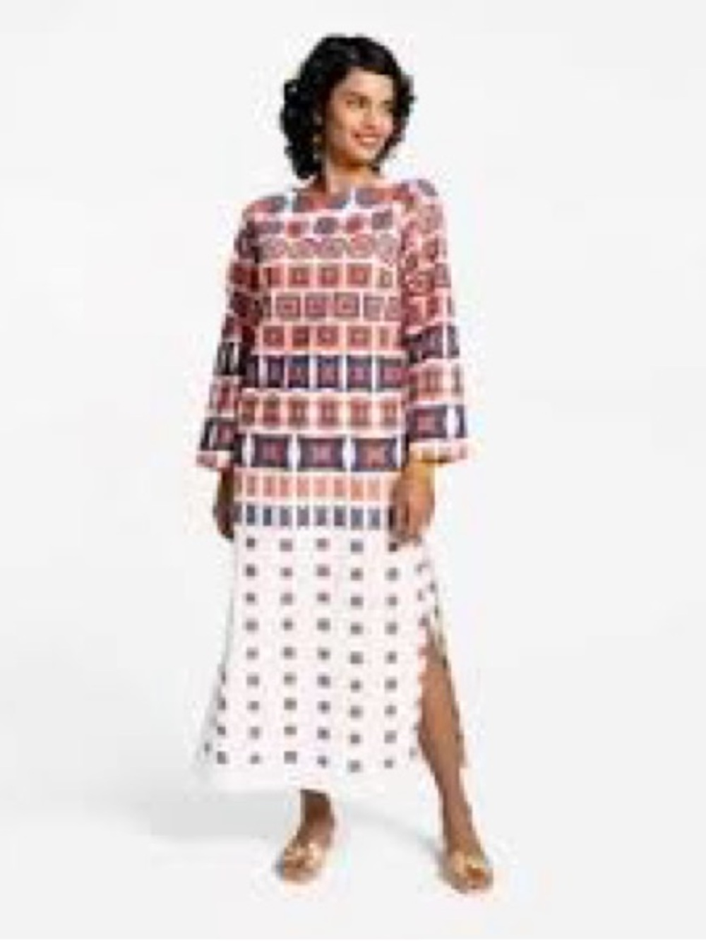 Frances Valentine Caftan Maxi Dress Womens M White Orange Geometric
